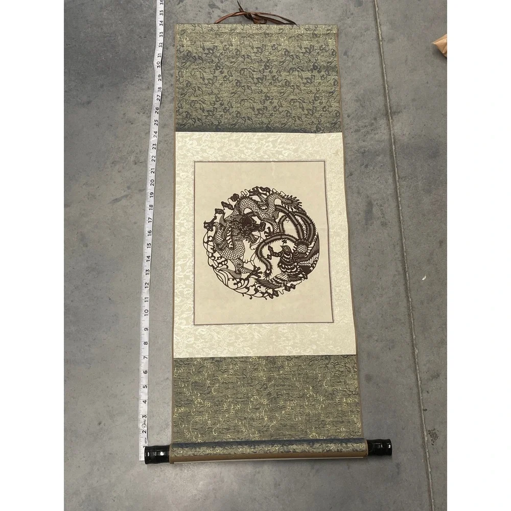 Vintage Chinese Wall Scroll Dragon and Phoenix Paper Cut Art Silk Fabric Decor